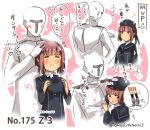  1boy 1girl ? admiral_(kantai_collection) bangs black_legwear blunt_bangs blush_stickers brown_eyes character_name closed_eyes closed_mouth commentary dress epaulettes eyebrows eyebrows_visible_through_hair grabbing hat hat_removed headwear_removed heart holding holding_hat kantai_collection long_sleeves looking_at_another military military_uniform motion_lines mvp naval_uniform number open_mouth paper petting pink_hair sailor_dress sailor_hat short_hair smile socks sparkle speech_bubble spoken_heart spoken_question_mark suzuki_toto sweatdrop thought_bubble tiptoes translated twitter_username uniform z3_max_schultz_(kantai_collection) 