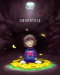  androgynous brown_hair closed_eyes copyright_name flower flower_bed frisk_(undertale) heart hole light_rays petals shorts sitting solo stick striped striped_sweater sweater tori_hata underground undertale wariza 