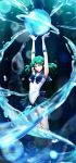  1girl arms_up bishoujo_senshi_sailor_moon blue_skirt choker covered_navel elbow_gloves gloves green_eyes green_hair highres kaiou_michiru lunallena microskirt open_mouth pleated_skirt ribbon sailor_collar sailor_neptune skirt solo water white_gloves 