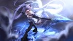  1girl blindfold breasts bzerox cleavage detached_sleeves highres long_hair original polearm solo spear twintails very_long_hair weapon 