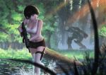  1girl absurdres bangs black_eyes black_gloves black_hair black_shoes black_shorts blurry breasts closed_mouth collarbone crop_top darkmuleth depth_of_field forest gloves grass gun highres holding holding_gun holding_weapon holster knife large_breasts log looking_back looking_to_the_side mecha midriff nature original outdoors running scenery science_fiction shiny shiny_skin shoes short_hair short_shorts shorts sleeveless tank_top thigh-highs thigh_holster thigh_strap tree trigger_discipline wading water weapon white_legwear 