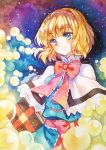  1girl alice_margatroid blonde_hair blue_dress blue_eyes calligraphy_brush_(medium) capelet dress graphite_(medium) grimoire_of_alice hairband lolita_hairband looking_at_viewer mirror_(xilu4) smile solo touhou traditional_media watercolor_(medium) 