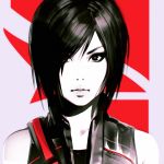  1girl bangs bare_shoulders black_eyes black_hair facial_tattoo faith_connors hair_over_one_eye ilya_kuvshinov lips looking_at_viewer mirror&#039;s_edge mirror&#039;s_edge_catalyst monochrome parted_lips portrait short_hair solo spot_color tattoo vest 