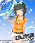  character_name fujii_tomo happy idolmaster idolmaster_cinderella_girls official_art ribbon shorts smile solo tray 