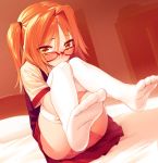  1girl bed beige_shirt black_vest blew_andwhite blush collared_shirt full_body glasses hair_intakes highres leg_hug legs_up long_hair looking_at_viewer orange_hair original panties pantyshot pink_panties pleated_skirt red-framed_glasses red_skirt shirt short_sleeves sitting skirt solo thigh-highs twintails underwear white_legwear yellow_eyes 