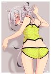  1girl ahoge alternate_costume asashimo_(kantai_collection) bare_shoulders blush commentary_request dated eyebrows eyebrows_visible_through_hair grey_background hair_over_one_eye kantai_collection long_hair looking_back ponytail ru2n131 silver_hair simple_background solo sweatdrop thigh-highs 