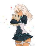  1girl alternate_costume dark_skin guilty_gear guilty_gear_xrd heart orange_eyes ramlethal_valentine school_uniform silver_hair skirt solo stuffed_animal stuffed_dog stuffed_toy thigh_gap thigh_strap yamayama3246 