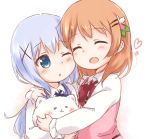  2girls :d ;o ^_^ angora_rabbit animal araki495 blue_hair cheek-to-cheek cheek_press closed_eyes gochuumon_wa_usagi_desu_ka? hair_ornament hairclip heart hoto_cocoa hug kafuu_chino looking_at_viewer multiple_girls one_eye_closed open_mouth rabbit rabbit_house_uniform smile tippy_(gochuumon_wa_usagi_desuka?) waitress x_hair_ornament 