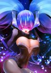  1girl alternate_costume bangs black_gloves blue_hair breasts cleavage closed_eyes cowboy_shot dj_sona eyebrows eyebrows_visible_through_hair gloves hamifr hand_on_headwear hand_on_own_chest headgear hips huge_breasts league_of_legends long_hair long_sleeves mask_on_head open_mouth ribbed_sweater solo sona_buvelle sweatdrop sweater swept_bangs thighs turtleneck twintails very_long_hair 