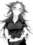  1girl arikui_(ooooalikui) bangs blush breasts cleavage commentary_request greyscale grin highres jun&#039;you_(kantai_collection) kantai_collection large_breasts long_hair looking_at_viewer monochrome navel nervous_smile nose_blush open_collar pants parted_bangs shirt shirt_lift sketch smile solo spiky_hair sweat translation_request white_background 