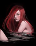  1girl black_background eyebrows eyelashes green_eyes highres jeny_wang katarina_du_couteau league_of_legends light_smile lips long_hair looking_at_viewer nose partially_submerged realistic redhead scar scar_across_eye simple_background solo water 