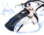  1girl absurdres armpits bare_shoulders bikini black_bikini black_bikini_top black_boots black_hair black_jacket black_rock_shooter black_rock_shooter_(character) black_shorts blue_eyes book boots flaming_sword flat_chest full_body glowing glowing_eye highres holding holding_book jacket jacket_off_shoulders knee_boots long_hair off_shoulder open_clothes open_fly open_jacket scar short_shorts shorts simple_background solo swimsuit tatsuya_ishikawa twintails very_long_hair white_background 