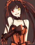  &gt;:d 1girl :d artist_request black_hair clock_eyes date_a_live dated detached_sleeves gothic_lolita grey_background hand_on_own_chest heterochromia highres lolita_fashion open_mouth red_eyes smile solo symbol-shaped_pupils tokisaki_kurumi twintails 