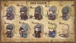  6+boys armor ashen_one_(dark_souls_3) axe bald bangs beard blunt_bangs chibi cloak closed_mouth club copyright_name covered_mouth dagger dark_souls_iii english expressionless face_mask facial_hair fire flame full_armor fushigi_ebi headband hidden_eyes highres holding holding_sword holding_weapon hood hooded_cloak knight loincloth mace mage mask multiple_boys navel polearm roman_numerals shaded_face shield silhouette souls_(from_software) spear staff standing stomach sword text turban typo unsheathed weapon wooden_shield 
