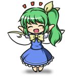  1girl :d \o/ ^_^ arms_up ascot blue_dress blush_stickers bow chibi closed_eyes commentary_request daiyousei dress fairy_wings frills full_body green_hair hair_bow happy kou512a open_mouth outstretched_arms short_hair side_ponytail simple_background smile solo touhou white_background wings 