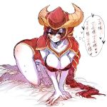  1girl all_fours armor blush breasts headgear large_breasts league_of_legends long_hair looking_at_viewer otani_(kota12ro08) ponytail shyvana smile solo sweat sweatdrop thighs translated very_long_hair yellow_eyes 