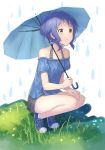  1girl bare_legs bare_shoulders black_shorts blouse blue_blouse blue_shoes blush closed_mouth collarbone cross-laced_footwear eyelashes flat_chest from_side full_body grass halterneck highres holding holding_umbrella idolmaster idolmaster_million_live! lip-mil looking_away makabe_mizuki off_shoulder puffy_short_sleeves puffy_sleeves purple_hair shade shoes short_hair short_shorts short_sleeves shorts sidelocks sneakers solo squatting umbrella water_drop white_background yellow_eyes 