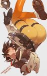  1girl ass brown_hair dual_wielding goggles gun handgun highres lack legs_up looking_at_viewer one_eye_closed overwatch pistol short_hair smile solo tracer_(overwatch) upside-down weapon 