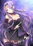  &gt;:) 1girl ass_visible_through_thighs bare_shoulders black_dress black_legwear breasts cleavage collar collarbone contrapposto cowboy_shot dagger detached_sleeves dress dual_wielding facial_mark fate/stay_night fate_(series) forehead_mark kobayashi_yoshitaka long_hair looking_at_viewer purple_hair rider short_dress sideboob smile solo strapless strapless_dress thigh-highs very_long_hair violet_eyes weapon 