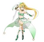  1girl blonde_hair breasts cleavage collarbone green_eyes hair_ornament holding holding_sword holding_weapon leafa long_hair medium_breasts navel open_mouth panties pointy_ears ponytail see-through simple_background solo sword sword_art_online sword_art_online:_code_register underwear weapon white_background white_panties 