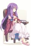  1girl bat_print blanket book bookmark bow breasts chair character_doll cleavage commentary_request crescent crescent_hair_ornament dress expressionless frilled_dress frilled_sleeves frills hair_bow hair_ornament hat head_wings holding_doll koakuma low_neckline mob_cap nightgown no_socks patchouli_knowledge purple_hair redhead satou_kibi sigh simple_background sitting slippers smile table touhou translation_request violet_eyes white_background |_| 
