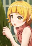  1girl bangs bare_shoulders blonde_hair blunt_bangs fang kiss-shot_acerola-orion_heart-under-blade monogatari_(series) murata_isshin open_mouth pointy_ears ribbon short_hair sleeveless solo_focus yellow_eyes 