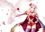  1girl ashe_(league_of_legends) bangs bird bird_on_arm breasts cape cowboy_shot curly_hair flower gloves hair_ornament hamifr hand_on_hip heart heart_hair_ornament heartseeker_ashe highres league_of_legends long_hair long_sleeves looking_up miniskirt panties parted_bangs petals rose rose_petals simple_background skirt smile smirk solo thigh-highs underwear white_background white_gloves white_hair zettai_ryouiki 