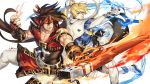  2boys back-to-back blonde_hair brown_eyes brown_hair capelet curre electricity fingerless_gloves fire gloves guilty_gear guilty_gear_xrd headband highres ky_kiske making_of male_focus multiple_boys muscle ponytail sol_badguy sword weapon 