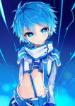  1boy blue blue_eyes blue_hair looking_at_viewer male_focus midriff name_(oiuio) navel solo soma_(tartaros) tartaros_online 