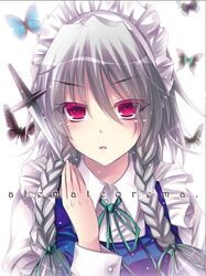  &gt;:o 1girl :o braid butterfly circle_name green_ribbon hair_ribbon izayoi_sakuya knife kobayashi_yoshitaka maid_headdress neck_ribbon puffy_short_sleeves puffy_sleeves red_eyes ribbon short_sleeves silver_hair solo touhou tress_ribbon twin_braids upper_body wrist_cuffs 