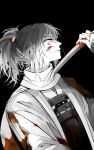 1boy blood blood_on_face bloody_clothes bridal_gauntlets highres japanese_clothes male_focus monochrome parted_lips ponytail scarf solo spot_color touken_ranbu yamato-no-kami_yasusada zmore 