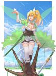  1girl blonde_hair butterfly fairy fairy_wings green_eyes highres leafa long_hair mizu_(dl7613) pointy_ears ponytail solo sword sword_art_online thigh-highs weapon wings 