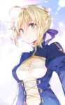  12th 1girl ahoge bangs blonde_hair blurry breasts cleavage depth_of_field fate/grand_order fate/stay_night fate/zero fate_(series) green_eyes hair_bun hair_ribbon juliet_sleeves long_sleeves looking_at_viewer puffy_sleeves ribbon saber sidelocks smile solo upper_body 