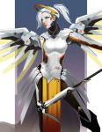  1girl blue_eyes breasts cowboy_shot high_ponytail jeny_wang large_breasts lips long_hair looking_to_the_side mechanical_halo mechanical_wings mercy_(overwatch) nose overwatch parted_lips ponytail silver_hair solo staff swiss_flag wings 