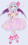  1girl bat_wings blue_hair brooch dress eating full_body hat hat_ribbon highres jewelry looking_at_viewer mob_cap musical_note open_mouth pink_dress popcorn puffy_short_sleeves puffy_sleeves red_eyes remilia_scarlet ribbon rosette_(roze-ko) short_sleeves smile solo spoken_musical_note touhou wings wrist_ribbon 