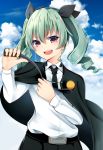  1girl anchovy belt black_cape black_necktie black_ribbon cape clouds cloudy_sky dress_shirt drill_hair girls_und_panzer green_hair hair_between_eyes hair_ribbon long_hair long_sleeves looking_at_viewer necktie open_mouth outdoors ribbon riding_crop school_uniform shirt sky smile solo suitenjh teeth twin_drills twintails uniform white_shirt 