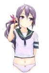  1girl akebono_(kantai_collection) bell bow bow_panties flower hair_bell hair_flower hair_ornament highres jingle_bell kantai_collection long_hair looking_away midriff momo_(higanbana_and_girl) navel panties ponytail purple_hair sailor_collar see-through shirt simple_background solo underwear violet_eyes wet wet_clothes white_background white_panties white_shirt 