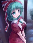  1girl aqua_eyes aqua_hair bow breasts cleavage commentary_request dress front_ponytail hair_bow highres kagiyama_hina long_hair looking_at_viewer lzh open_mouth rain red_dress ribbon shelter smile solo touhou wrist_ribbon 