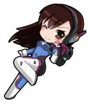  1girl ;) bodysuit brown_eyes brown_hair chibi commentary d.va_(overwatch) gloves gun long_hair looking_at_viewer one_eye_closed overwatch pilot_suit smile solo weapon whisker_markings white_gloves yuriesu 
