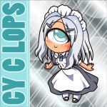  1girl apron black_dress character_name chibi cuey_c_lops cyclops dress grey_eyes hair_ornament hairclip looking_at_viewer lowres maid maid_apron maid_headdress one-eyed original puffy_short_sleeves puffy_sleeves rakurakutei_ramen short_sleeves silver_hair smile solo 