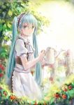  1girl alternate_costume apron aqua_eyes aqua_hair bad_id blurry depth_of_field enmaided fence flower hatsune_miku highres long_hair maid maid_apron maid_headdress mimengfeixue outdoors picket_fence rose solo standing sunlight twintails very_long_hair vocaloid watering_can wooden_fence 