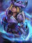 1girl armor bangs blonde_hair blue_eyes championship_shyvana collarbone eyelashes hair_between_eyes highres league_of_legends lipstick long_hair looking_away makeup parted_bangs parted_lips phantom_ix_row ponytail shyvana signature solo thighs 