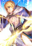  1girl akisa_(12023648) armor armored_dress blonde_hair cape excalibur fate/grand_order fate_(series) gauntlets glowing glowing_sword glowing_weapon green_eyes highres saber solo weapon 