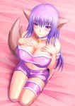  1girl :&lt; animal_ears bare_shoulders blush breast_suppress breasts choker cleavage commentary_request fujiwara_zakuro fur_trim large_breasts long_hair looking_at_viewer navel on_bed purple_hair seiza short_shorts shorts sitting snappop solo tail taut_clothes thigh_strap tokyo_mew_mew violet_eyes wolf_ears wolf_tail 