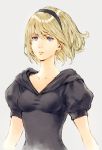  1girl bangs blonde_hair blue_eyes breasts collarbone grey_background hairband highres impossible_clothes lips makimura_shunsuke mouth nier_automata nose puffy_sleeves short_hair simple_background solo taut_clothes upper_body yorha_unit_no._2_type_b 