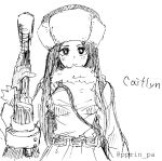  1girl belt black_hair breasts caitlyn_(league_of_legends) character_name frown fur_hat fur_trim gun hat holding holding_weapon large_breasts league_of_legends long_hair looking_at_viewer monochrome otani_(kota12ro08) sketch solo twitter_username upper_body weapon winter_clothes winter_uniform 