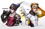  2boys arm_up blonde_hair blue_eyes character_name cigarette collarbone dated ear_studs earrings genderswap genderswap_(ftm) grin gun head_mounted_display jewelry long_hair looking_at_viewer lucha_cha male_focus mechanical_halo mechanical_wings mercy_(overwatch) mouth_hold multiple_boys necklace overwatch ponytail purple_hair short_hair signature smile upper_body very_long_hair weapon widowmaker_(overwatch) wings yellow_eyes 