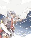  3girls ahoge asashimo_(kantai_collection) belt blue_hair bow bowtie buttons clouds dress from_side grey_hair hair_bun hair_over_one_eye hair_ribbon headband jumper kantai_collection kasumi_(kantai_collection) kiyoshimo_(kantai_collection) long_hair long_sleeves low_twintails machinery multicolored_hair multiple_girls ninimo_nimo ocean open_mouth ponytail purple_hair remodel_(kantai_collection) ribbon school_uniform serafuku shirt side_ponytail silver_hair sky sleeveless sleeveless_dress suspenders teeth thigh_strap torpedo turret twintails water waves white_ribbon white_shirt 