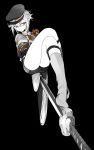  1boy alternate_eye_color armor bound cape garters hat highres hotarumaru japanese_armor kneehighs male_focus monochrome no_shoes ootachi red_eyes shorts sock_garters sode solo spot_color sword tied_up touken_ranbu weapon zmore 