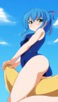  1girl ass banana_boat bare_shoulders blue_hair blue_sky blush breasts closed_mouth covered_nipples green_eyes hair_ribbon highres kachiwarigoori looking_at_viewer looking_back one-piece_swimsuit original red_ribbon ribbon school_swimsuit sidelocks sky smile solo swimsuit wet 